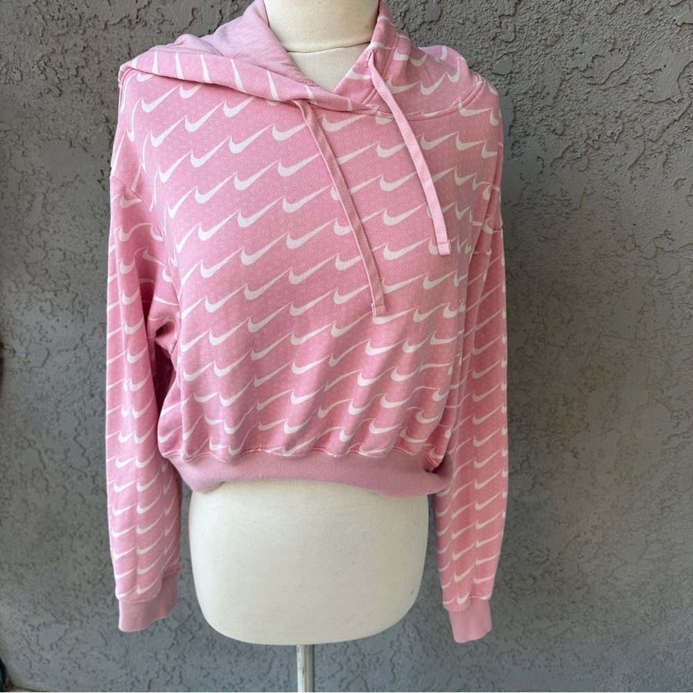 Nike Pink Oversized Cropped Hoodie Sweatshirt Swoosh All Over Print | XS | RARE